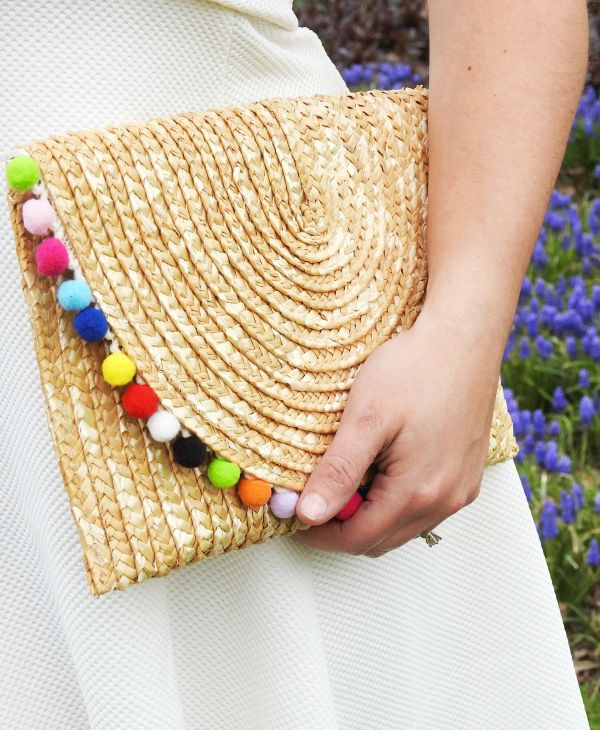 Spring style // colorful pom pom straw clutch from francesca's
