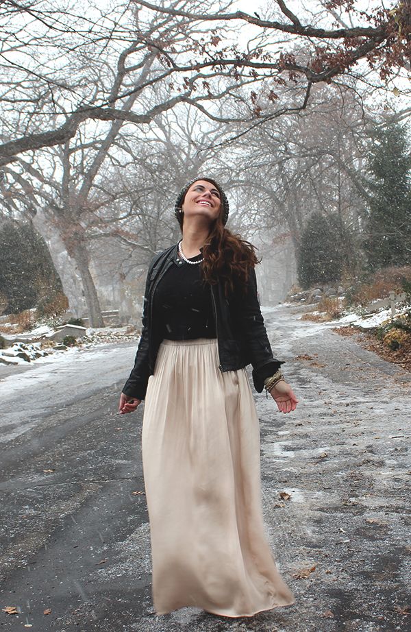 La Petite Fashionista: Holiday Style- Silk Maxi Skirt, Leather Jacket & Pearls