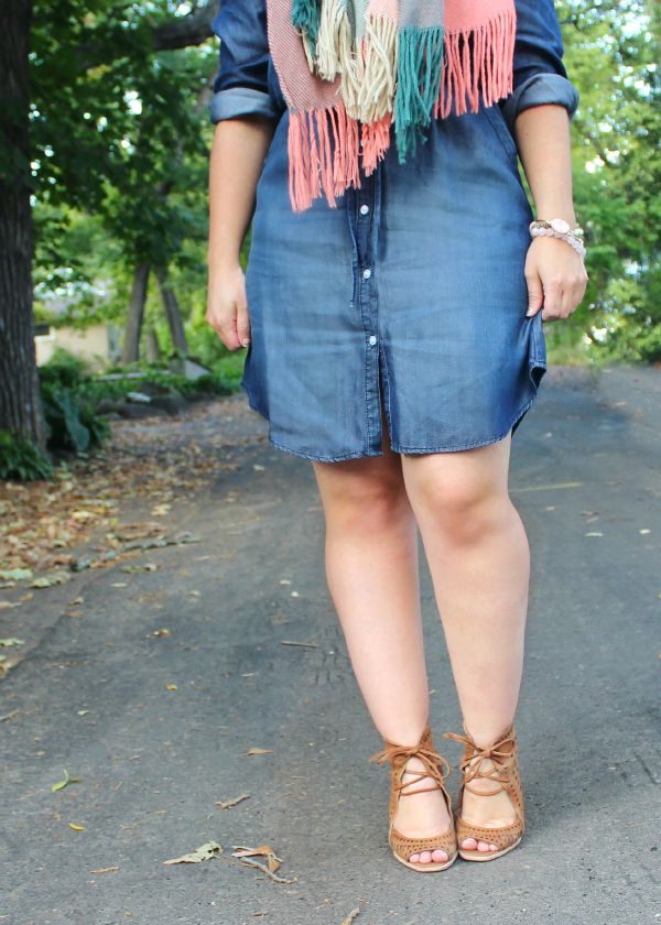 Denim shirt dress layered with a pink plaid blanket scarf & lace-up Rodillo wedges.