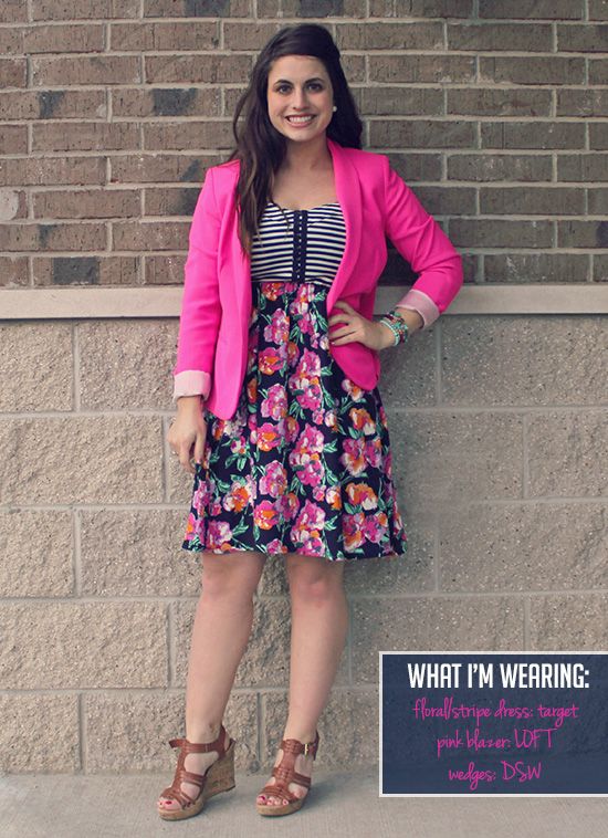 Hot Pink Blazer & Striped/Floral Dress