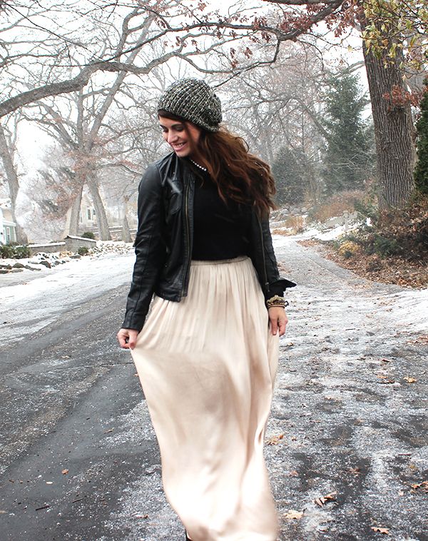 La Petite Fashionista: Holiday Style- Silk Maxi Skirt, Leather Jacket & Pearls