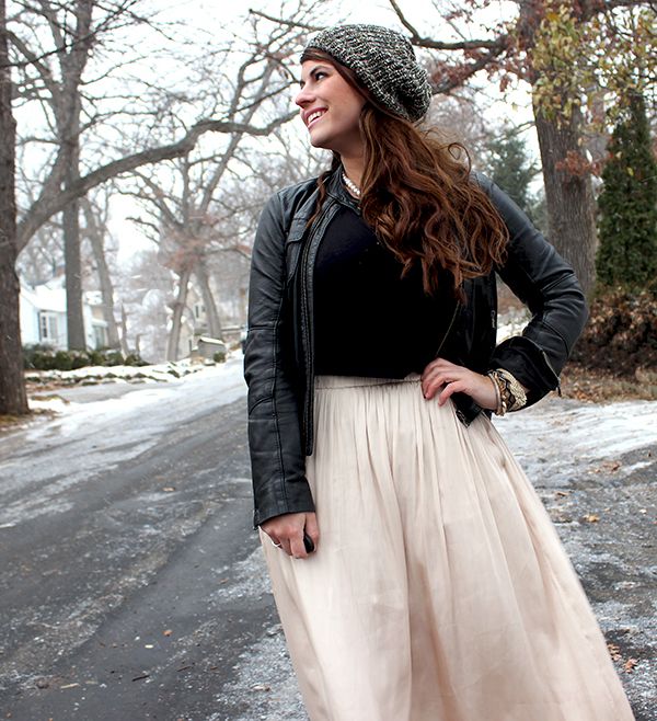 La Petite Fashionista: Holiday Style- Silk Maxi Skirt, Leather Jacket & Pearls