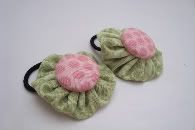 Green and Pink Floral Fabric Button and Yo Yo Ponytail, Set of 2 in Moda Cottons