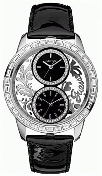 NEW GUESS DUAL 2 TIME ZONE SWARVOSKI SS LADY WATCH BLACK LEATHER STRAP 